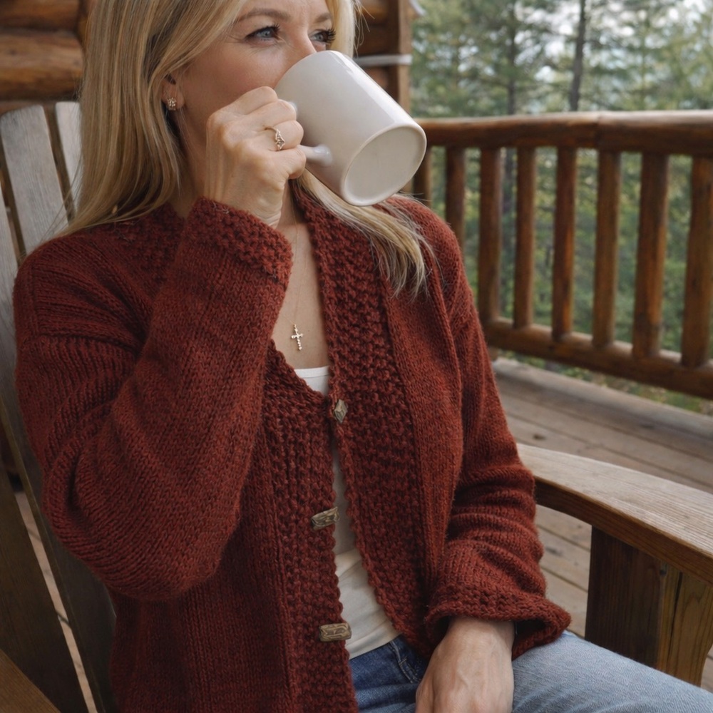 Vintage Rico Knits Crimson Wine Red Cardigan Sweater Hand Knit Cottage Granny, M